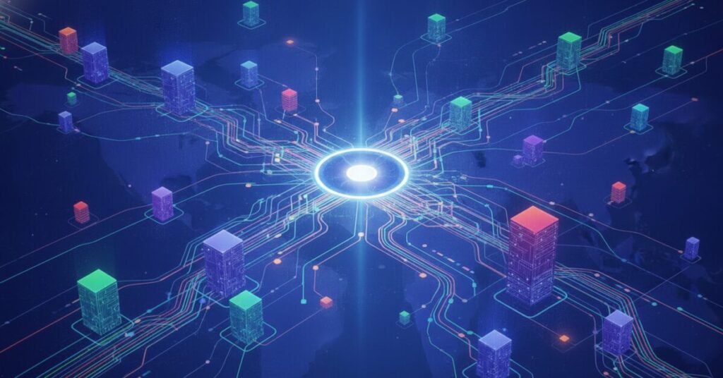 Abstract illustration of scattered IT vendor connections consolidating into one unified infrastructure hub