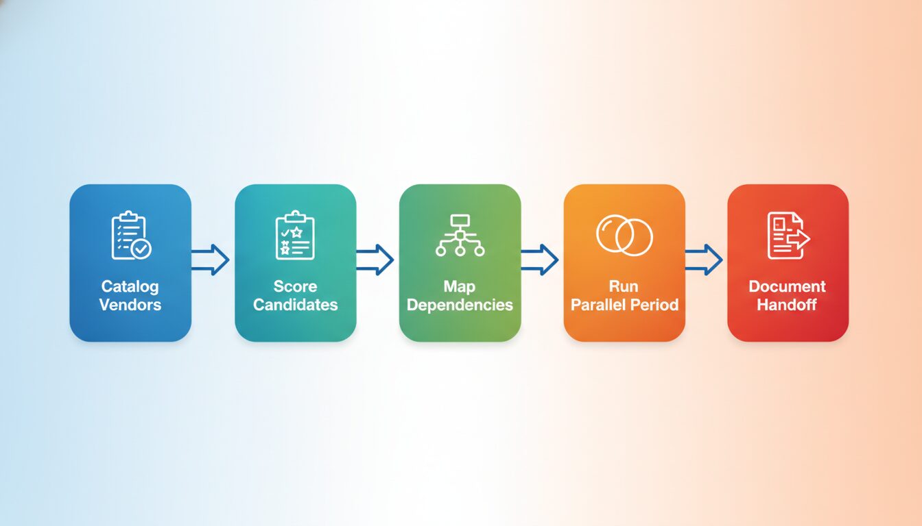 Five-step vendor consolidation workflow: catalog vendors, score candidates, map dependencies, run parallel period, document handoff