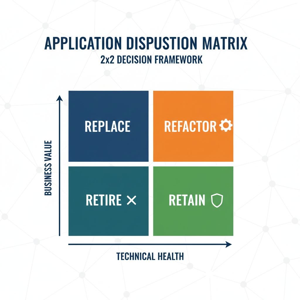 Application Disposition Matrix showing Refactor, Replace, and Retire quadrants by Business Value and Technical Health