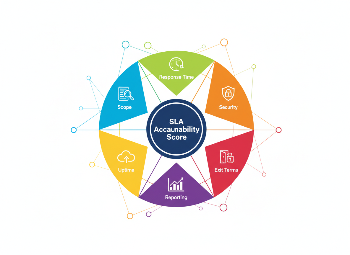 SLA Accountability Score framework diagram showing six categories: scope, response time, uptime, security, reporting, and exit terms