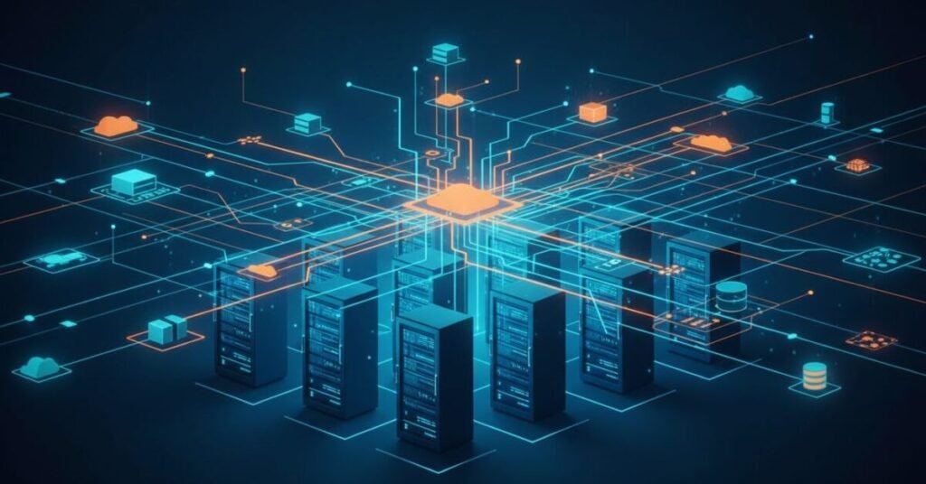 Abstract illustration of enterprise IT infrastructure and network topology representing managed IT services SLA commitments