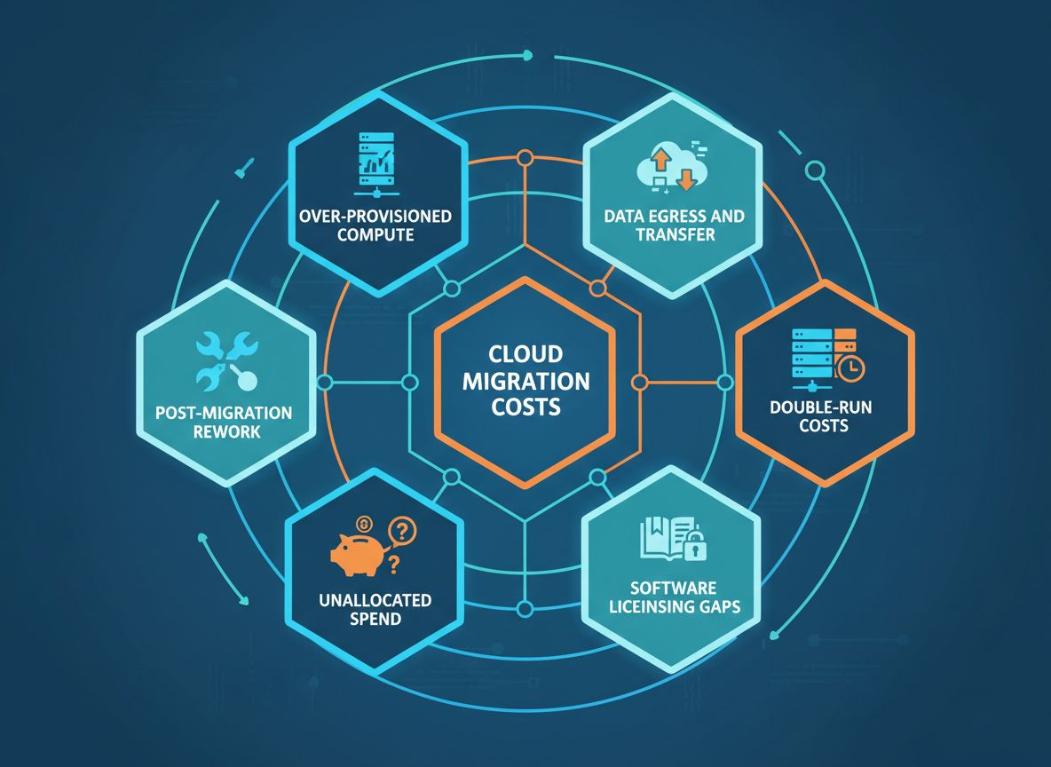 Six hidden cloud migration cost categories including over-provisioned compute, data egress, and software licensing gaps