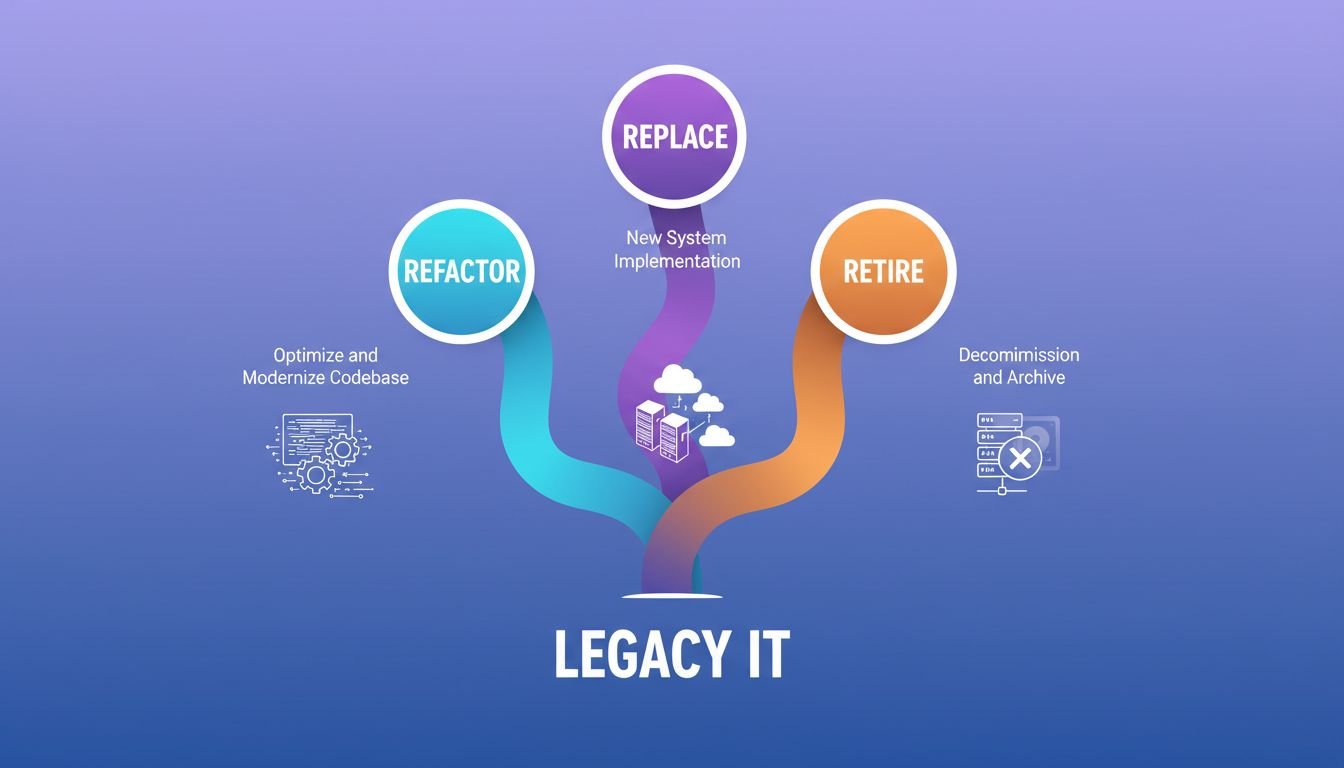 Three legacy modernization paths: Refactor, Replace, and Retire decision framework