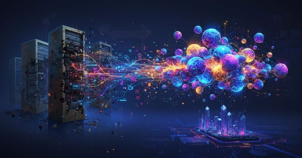 Legacy enterprise IT systems transforming into modern cloud architecture for system modernization