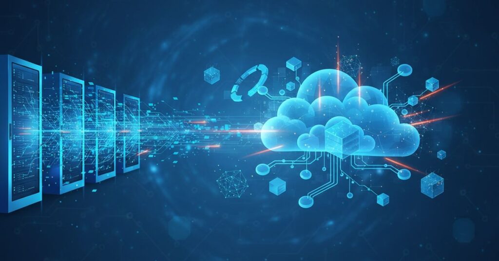 Hidden costs of lift-and-shift cloud migration illustrated as enterprise infrastructure transitioning to cloud