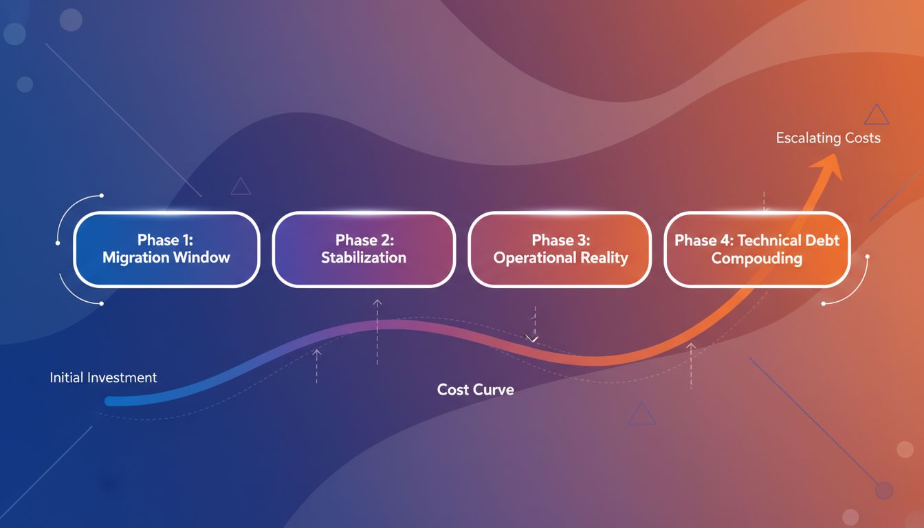 Migration Cost Visibility Framework: four phases showing when hidden cloud migration costs appear