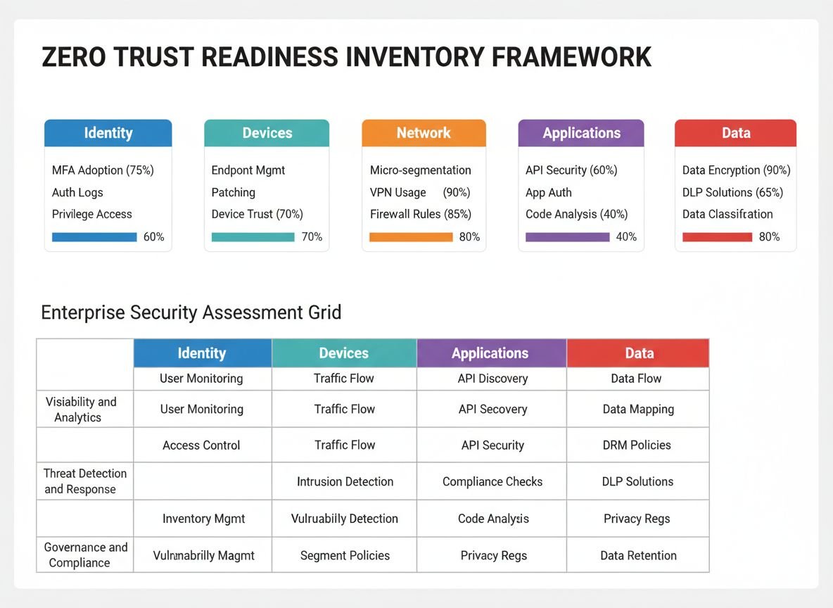 Zero Trust Readiness Inventory (ZTRI) framework showing five pillars: Identity, Devices, Network, Applications, and Data with scoring bars for enterprise assessment