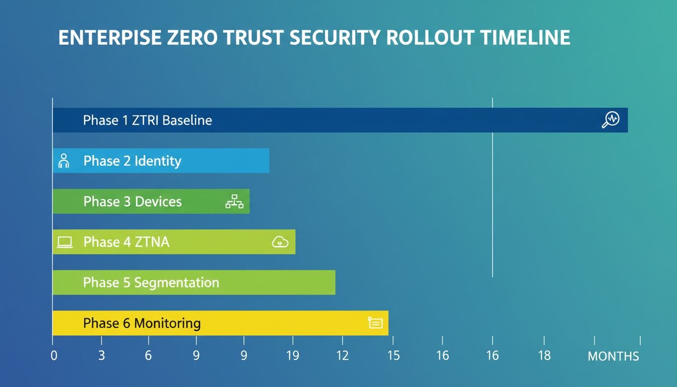 Six-phase zero-trust architecture rollout timeline from months 0 to 18 covering ZTRI baseline, identity, devices, ZTNA, micro-segmentation, and continuous monitoring